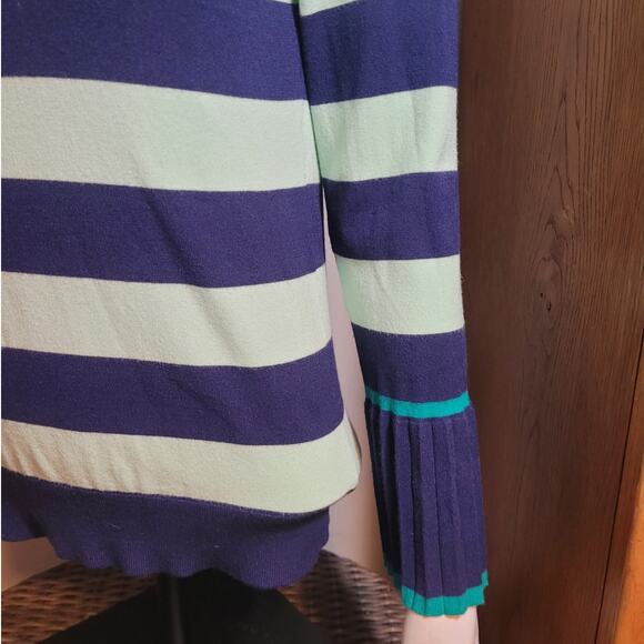 Talbots Blue Aqua Striped Pleated Sleeve Blouse - Small Indie Minimalist Preppy - Picture 2 of 9
